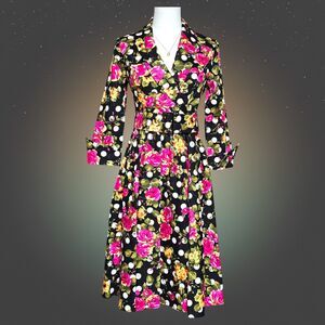 Belle Poque Womens Small Dress Black Retro Floral Polka Dot Belted